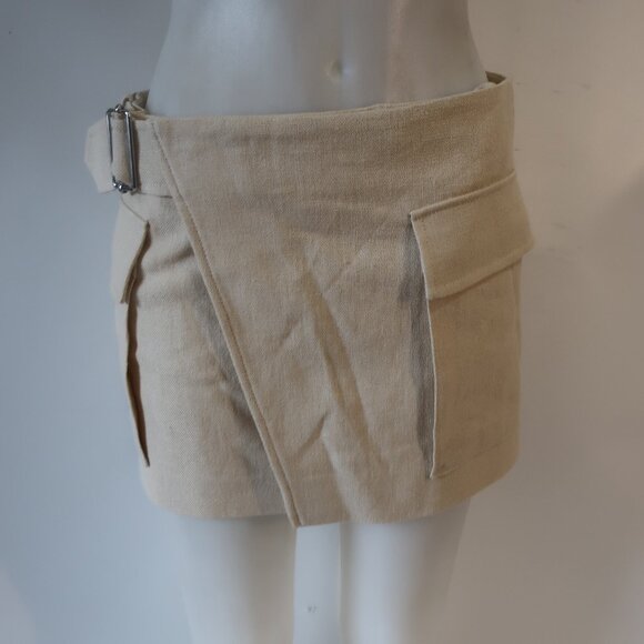 Womens A.L.C. Conan Tan Linen Cotton Blend Oversized Pockets Wrap Mini Skirt 4 - Picture 3 of 9